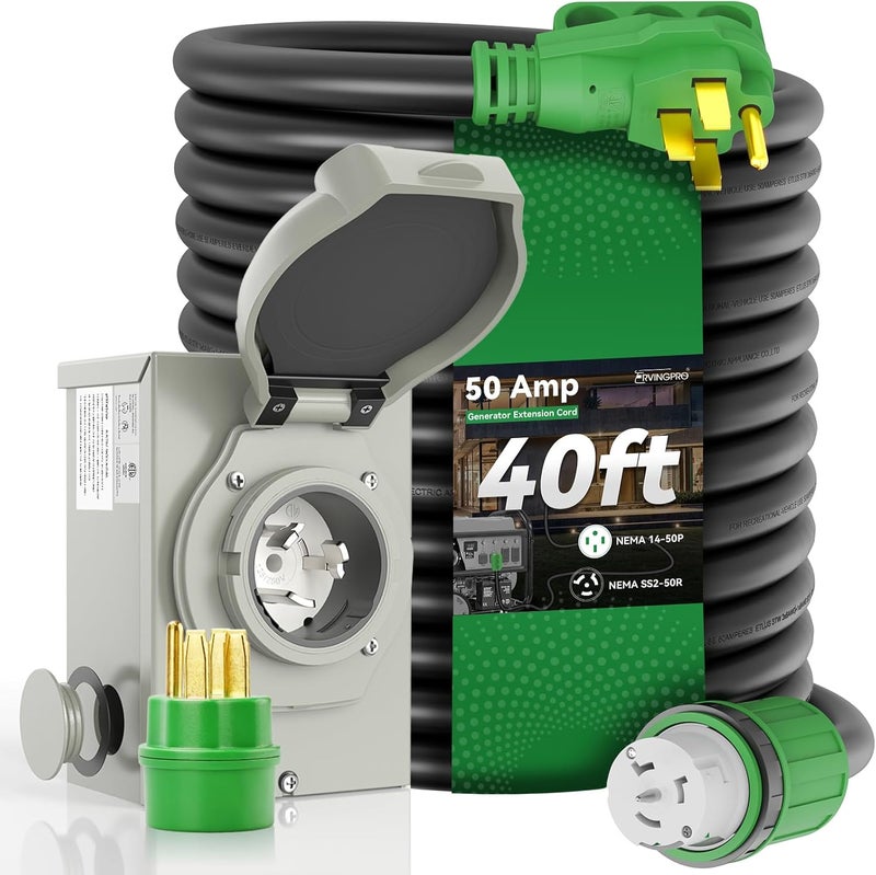RVINGPRO 50 Amp Generator Cord 40FT and Power Inlet Box Combo Kit - Pre-Drilled, NEMA 14-50P to SS2-50R, Waterproof, ETL Listed - Image 1
